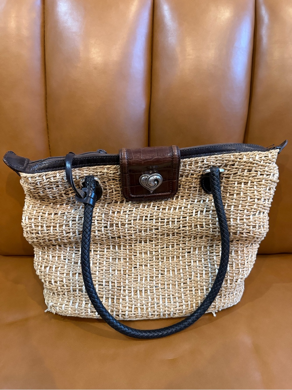 Brighton Natural Straw Tote with Brown Trim and Handles